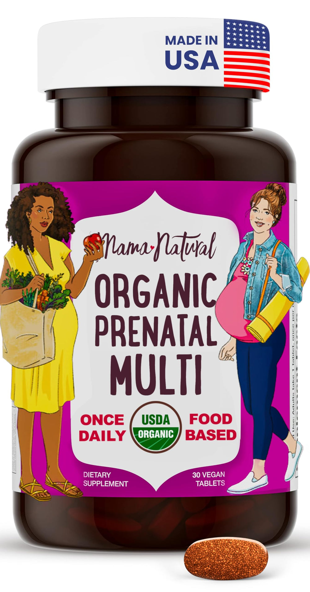 Mama Natural prenatal bottle with easy-one-a-day tablets for busy moms.