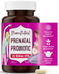 Mama Natural prenatal probiotics bottle promotes gut balance for mom