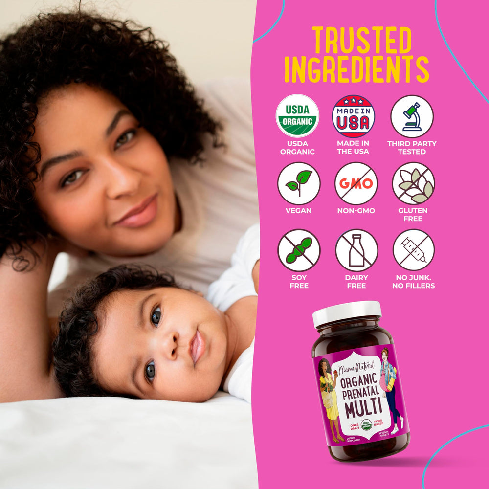 Mama Natural prenatal formula illustrating digestion-friendly, food-based nutrients.