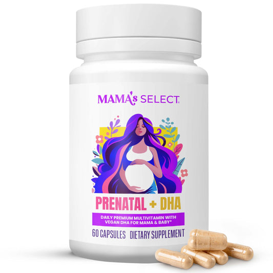 Mama's Select Prenatal DHA bottle shows fish-free vegan DHA for a clean daily use.