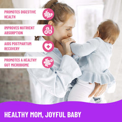 Mama's Select Prenatal Probiotics breastfeeding visual hints at supporting baby microbiome during lactation.