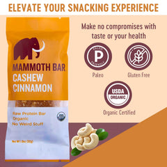 Mammoth Bar cashew cinnamon packaging communicates gluten-free, raw nutrition