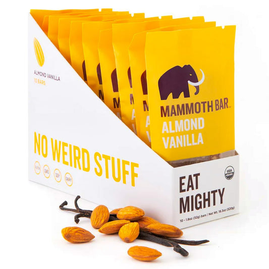 Mammoth Bar Almond Vanilla packaging highlighting clean organic ingredients