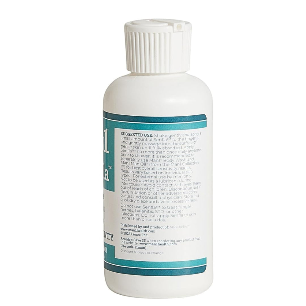 Man1 Senfla cream texture close-up highlights a smooth, soothing feel for sensitive skin.