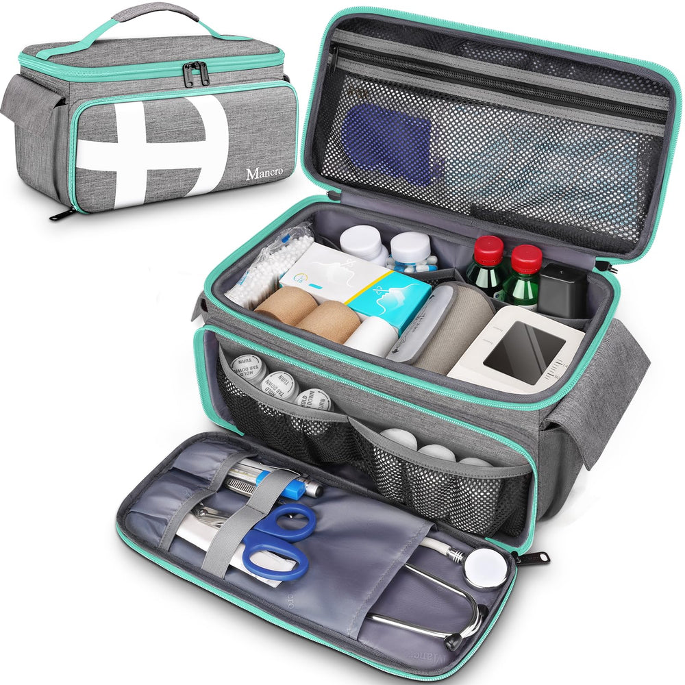 Mancro first aid bag with 12 pockets keeps supplies organized for quick access.