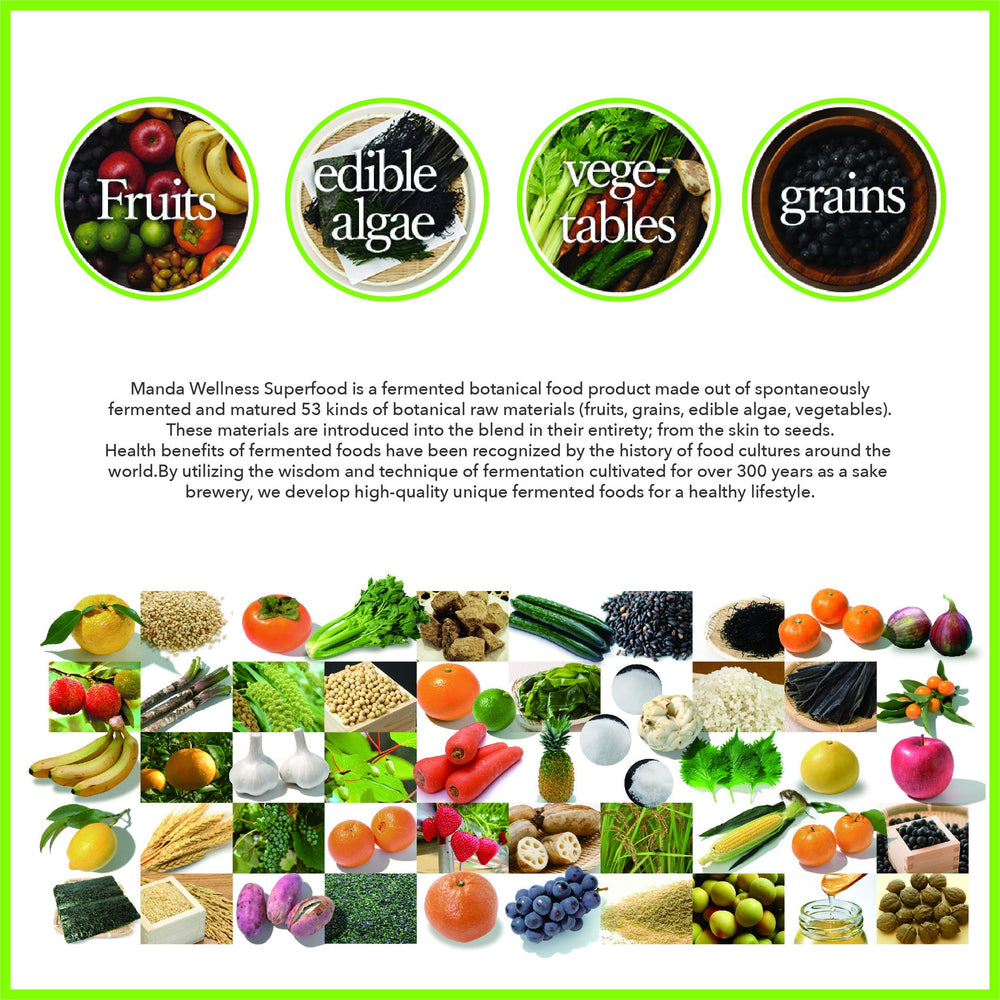 Manda Wellness Super Food ingredients, 53 components for diverse nutrient profiles.