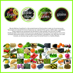 Manda Wellness Super Food ingredients, 53 components for diverse nutrient profiles.