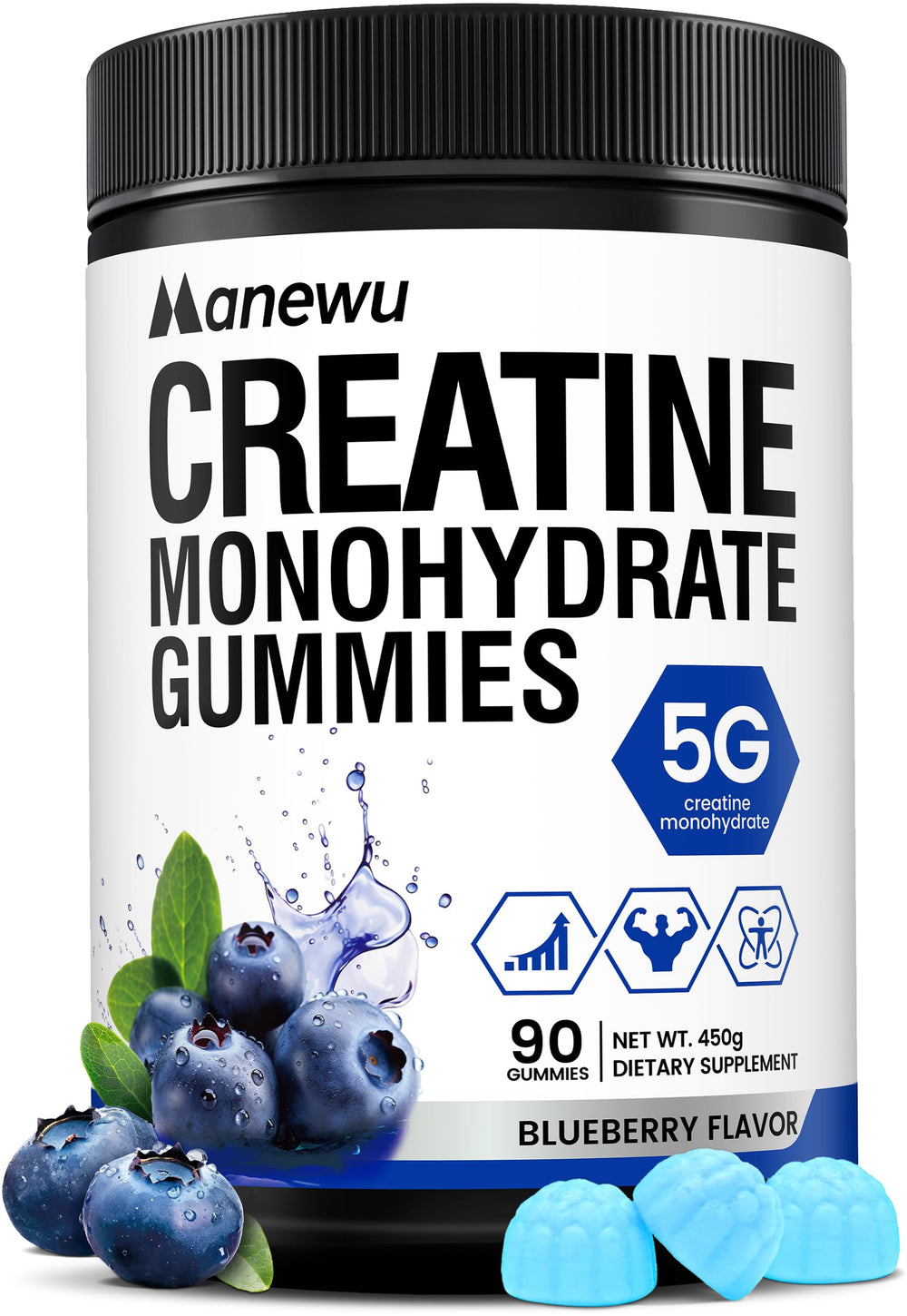 Manewu Creatine Monohydrate Gummies blueberry bottle on a clean counter for daily pre-workout support.