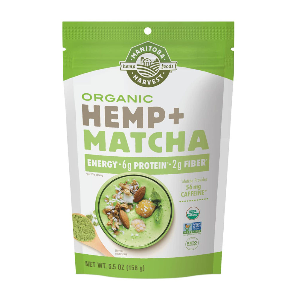 Manitoba Harvest hemp+matcha powder bottle highlighting protein and fiber for a filling breakfast