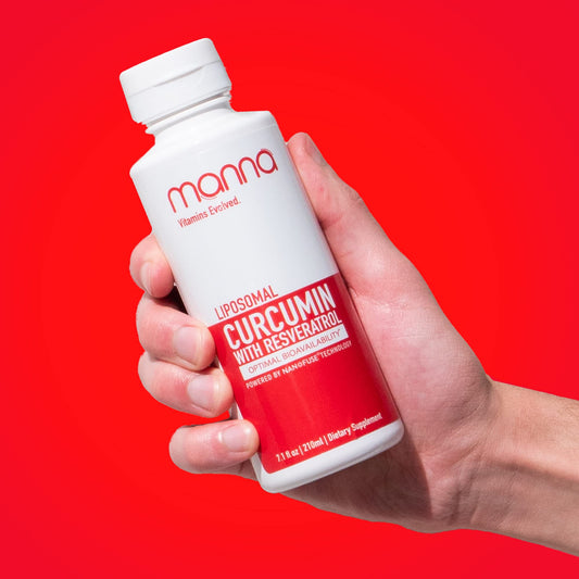 Manna Vitamins Evolved curcumin-resveratrol bottle shows liposomal formula for enhanced absorption.