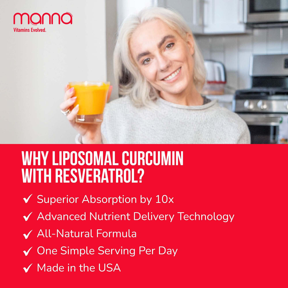 Manna Vitamins Evolved curcumin-resveratrol glass with liquid for easy intake.