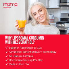 Manna Vitamins Evolved curcumin-resveratrol glass with liquid for easy intake.