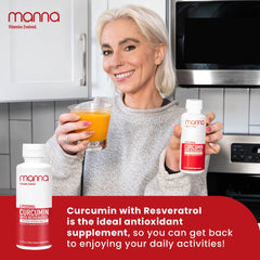Manna Vitamins Evolved curcumin-resveratrol liquid being poured for daily use.