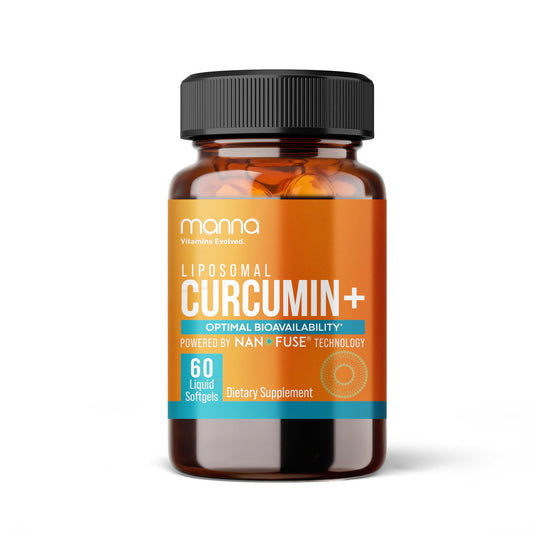 Manna Liposomal Curcumin+ Softgels front bottle highlights premium, high-absorption daily wellness.