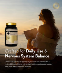 Manna Vitality Ormus+ bottle with water suggests hydration benefits.