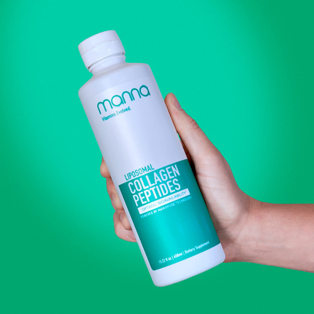 Manna Vitamins Evolved liposomal collagen bottle pours for easy daily use.