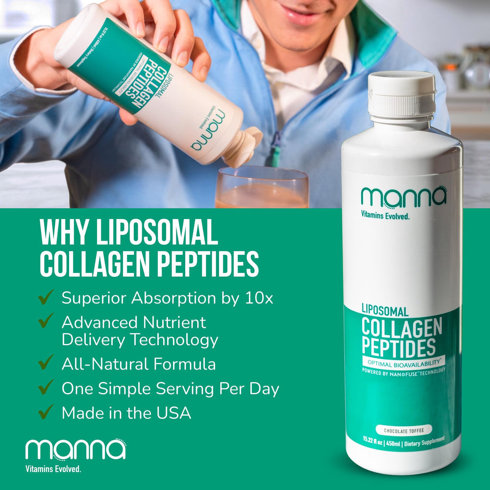 Manna Vitamins Evolved liposomal collagen liquid clearly labeled non-GMO formulation.
