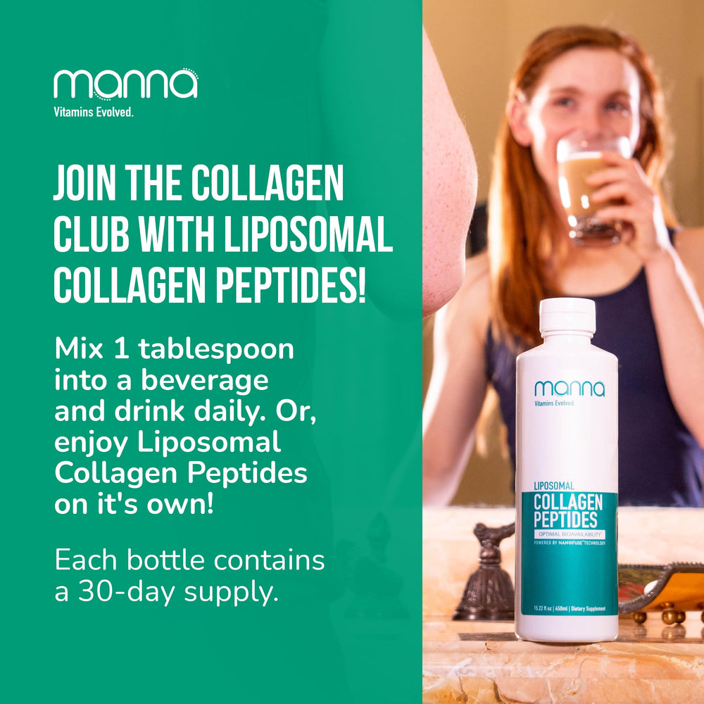 Manna Vitamins Evolved liposomal collagen liquid premium packaging conveys purity.