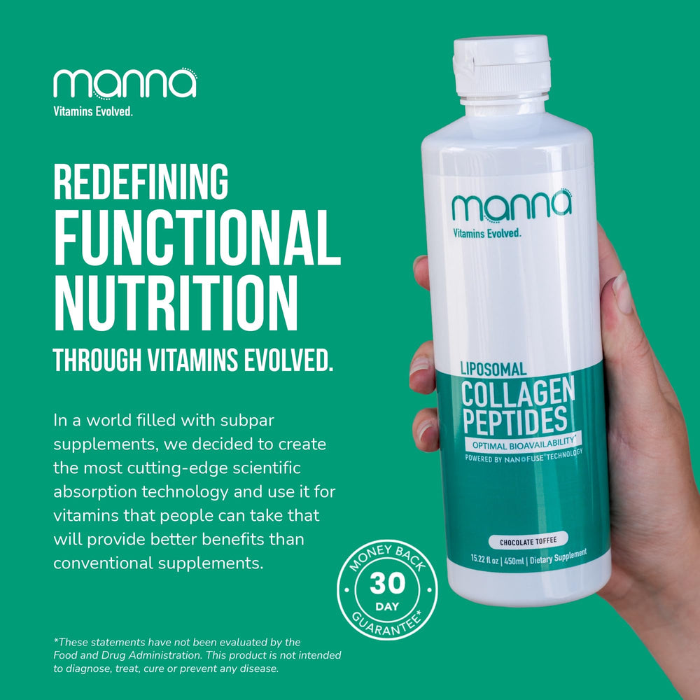 Manna Vitamins Evolved liposomal collagen liquid serving spoon ready for daily use.