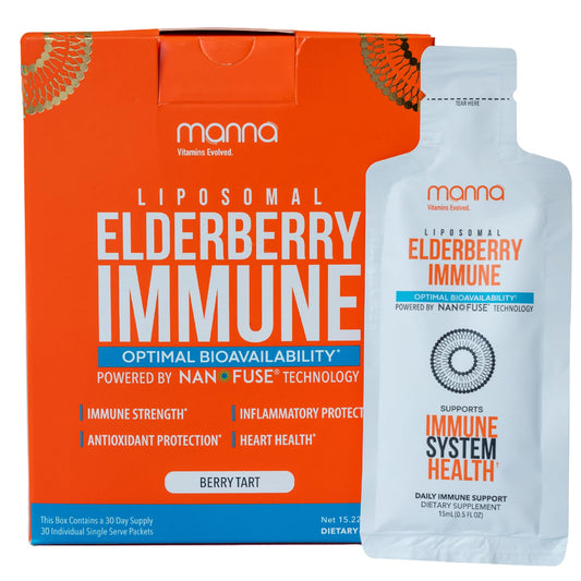 Manna Vitamins Evolved liposomal elderberry packets displayed for on-the-go immunity
