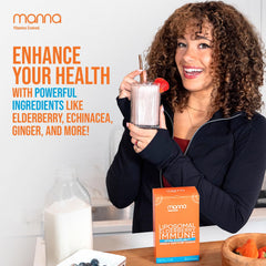 Individual sachets and a bottle showing travel-friendly immune support