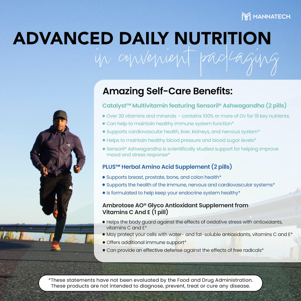 Mannatech Ambrotose AO antioxidant tablet pack showing cellular protection potential.