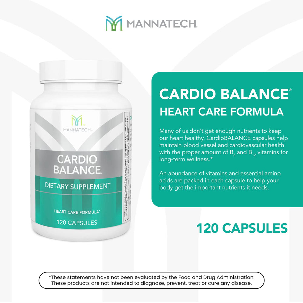 Mannatech CardioBALANCE ingredients label lists folic acid and essential B vitamins for balanced support.
