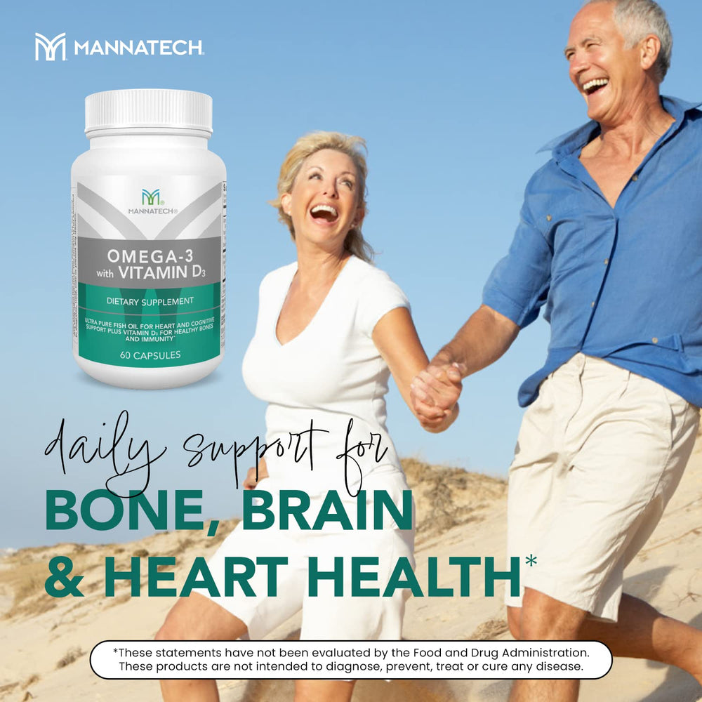 Mannatech Omega-3 with Vitamin D3 daily use scene emphasizes consistent intake for cognitive and heart support.