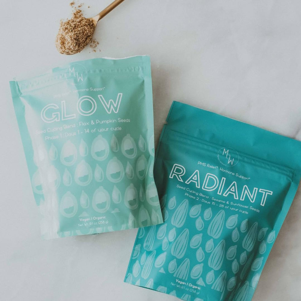 Manski's Wellness Glow bottle pour shows easy daily seed nutrition for cycle support.