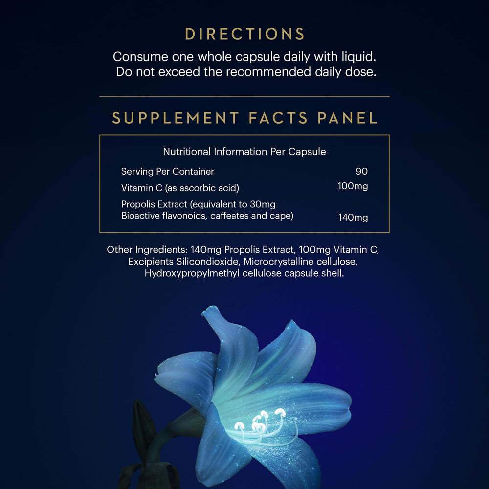 Manuka Health BIO30 Propolis packshot with blue label branding.