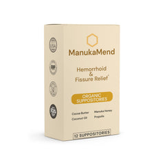 ManukaMend Comfort suppositories packaged, showcasing natural hydration and discreet use.