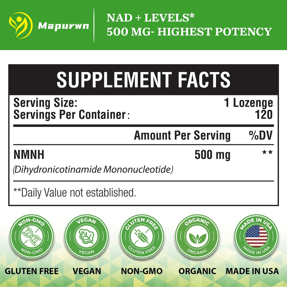 Mapurwn NMNH bottle-label highlighting vegan, NMNH NAD+ potential.