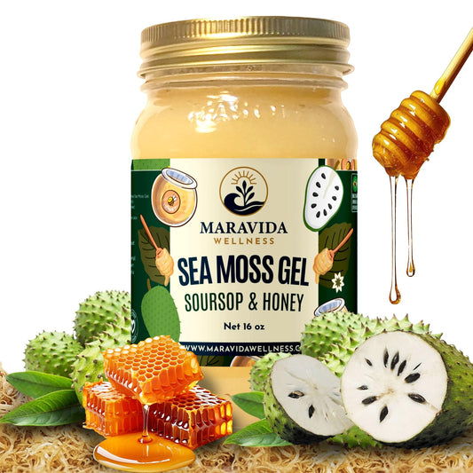 Maravida Sea Moss Gel in a jar with soursop and honey, ideal for daily smoothies.