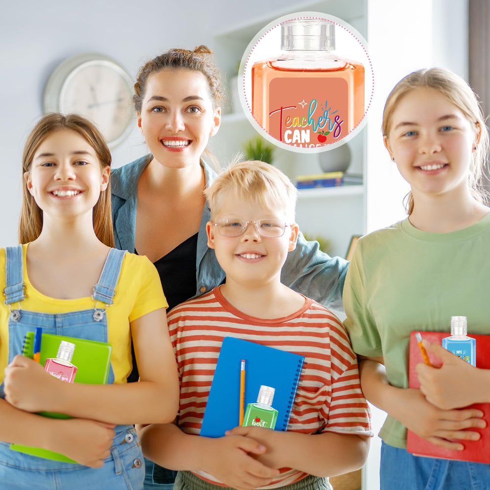 Marhpveua gift-display hand sanitizers help organize themed gifts for teachers and staff.