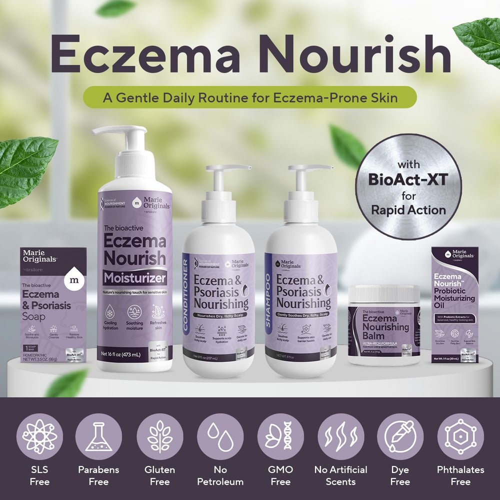 Marie Originals Eczema Nourish Conditioner bottle pour provides lightweight hydration for sensitive scalps
