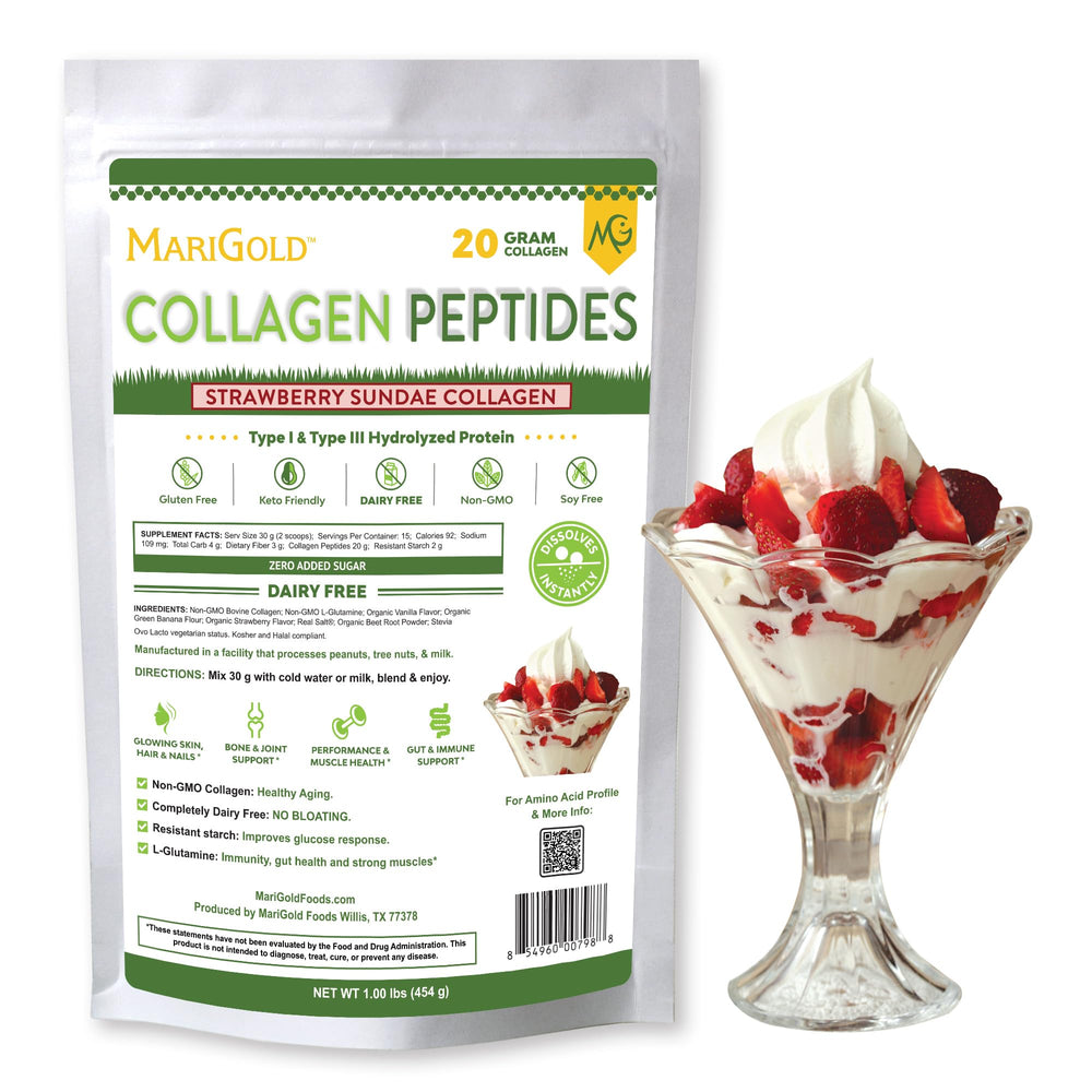 MariGold grass-fed collagen powder bottle highlighting skin support and joint health.