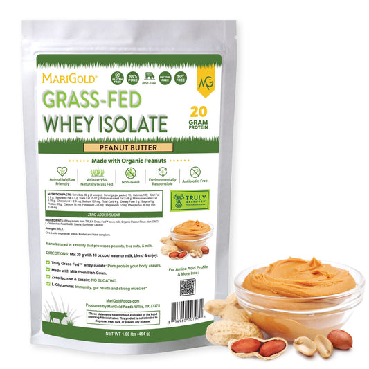 MariGold grass-fed whey isolate peanut butter powder bag showcases clean ingredients for shakes
