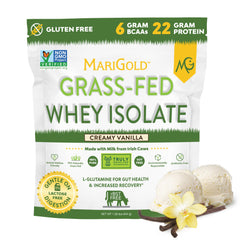 MariGold grass-fed whey isolate vanilla bottle showing creamy flavor and premium quality