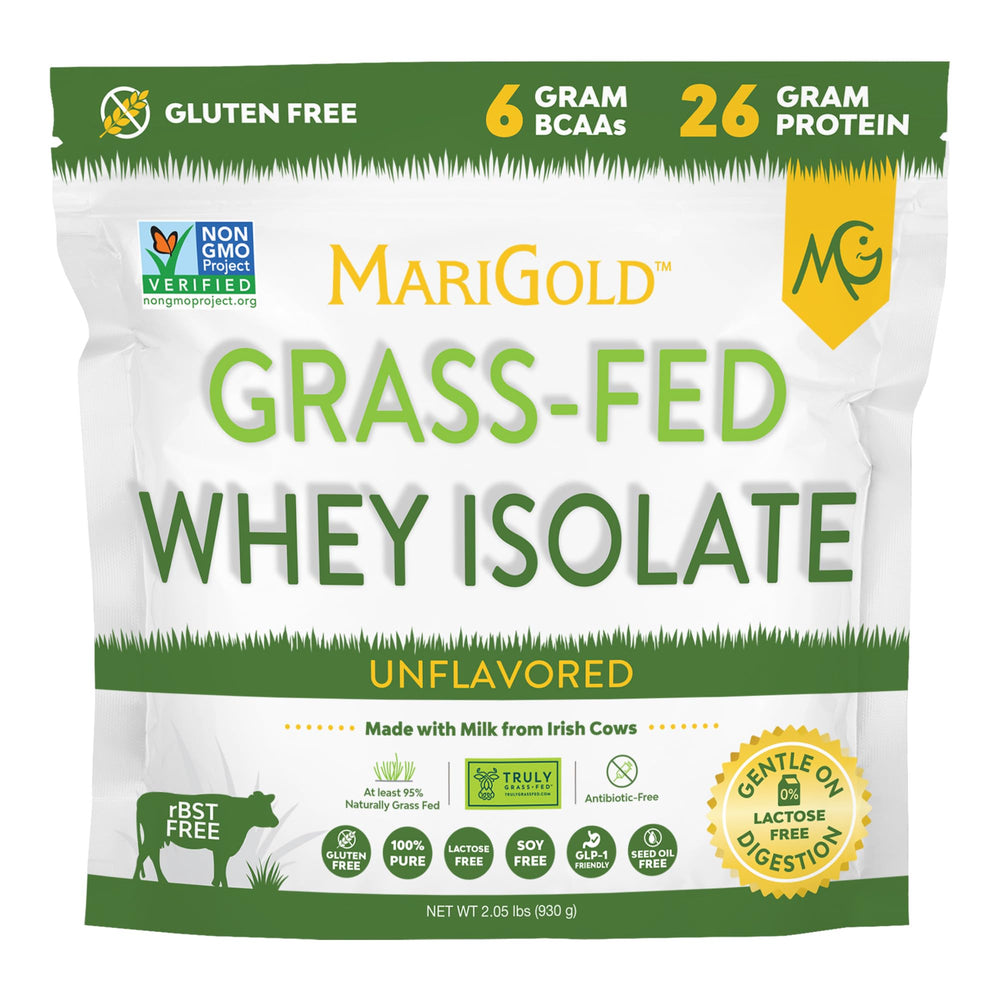 MariGold grassfed whey isolate unflavored bag emphasizes pure protein quality for recovery.
