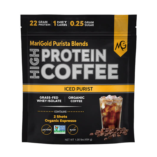 MariGold High Protein Coffee bag packaging for on-the-go protein