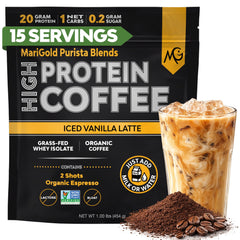 MariGold iced vanilla latte with 20g whey protein for a protein-packed start