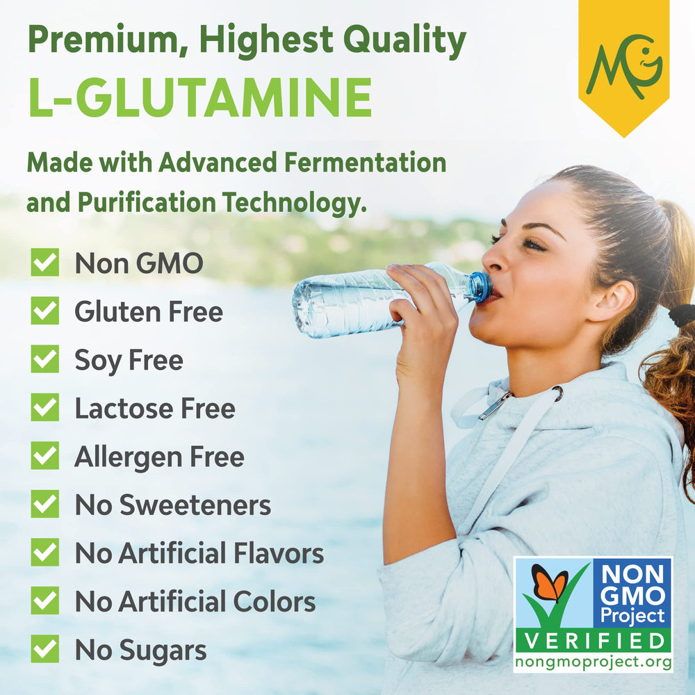 MariGold L-Glutamine label closeup, shows pure ingredients and allergen-free claim.