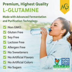 MariGold L-Glutamine label closeup, shows pure ingredients and allergen-free claim.