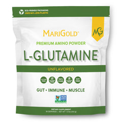 MariGold L-Glutamine powder bottle, clean allergen-free supplement option.