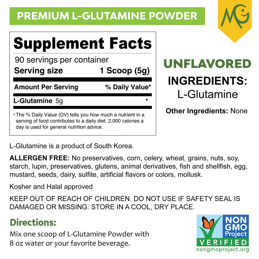 MariGold L-Glutamine powder in clear jar, neutral flavor for versatile mixing.