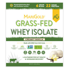 MariGold whey isolate packaging on shelf signaling premium, pure ingredients