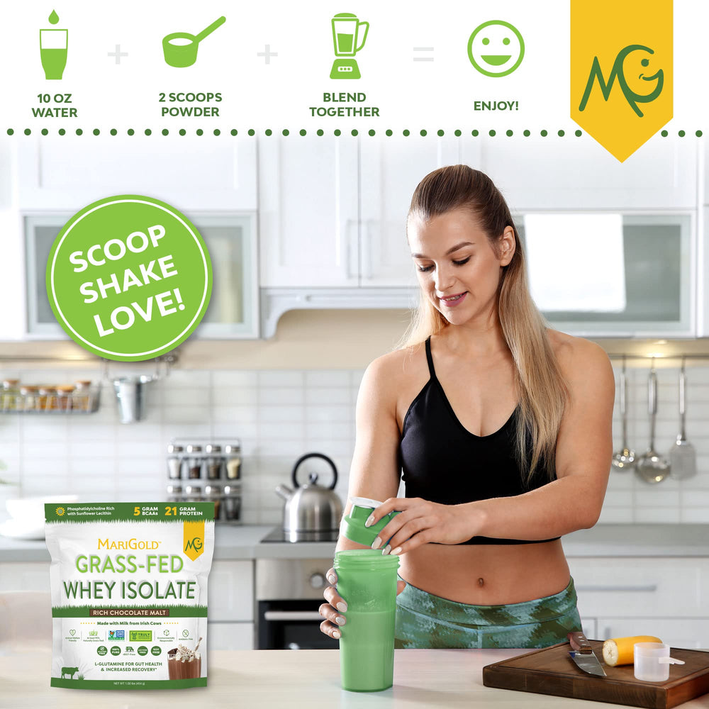MariGold whey protein mixer shaker image shows easy blending into shakes