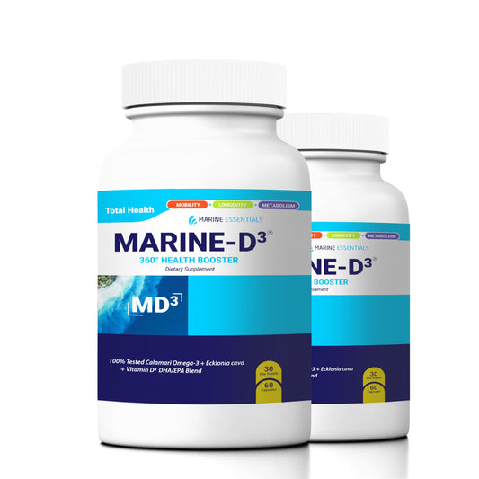 Marine Essentials Marine D3 Omega-3 Calamari bottle with label promoting brain health