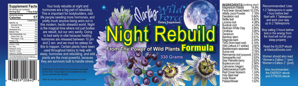 Markus Night Rebuild Powder ingredients image indicates natural geranium flavor.
