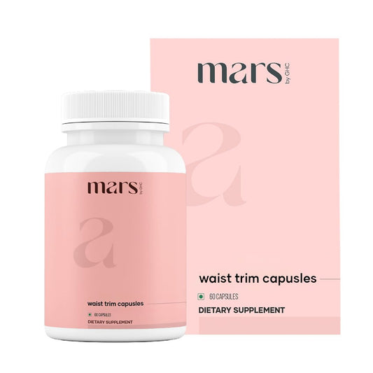 Mars by GHC waist trim bottle front view with capsules and digestion support.